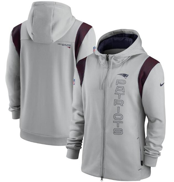 Men's New England Patriots 2021 Gray Sideline Team Performance Full-Zip Hoodie